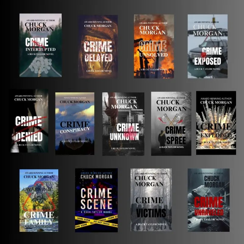 A grid of 13 book covers by Chuck Morgan, featuring various crime fiction titles on a dark gray background.