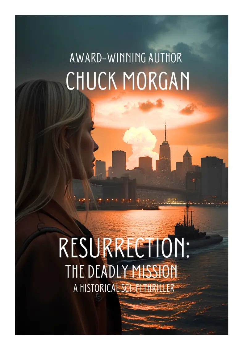 Book cover for 'Resurrection: The Deadly Mission' by Chuck Morgan, featuring a woman in profile against a city skyline at sunset over water, with the title and author name in white text.