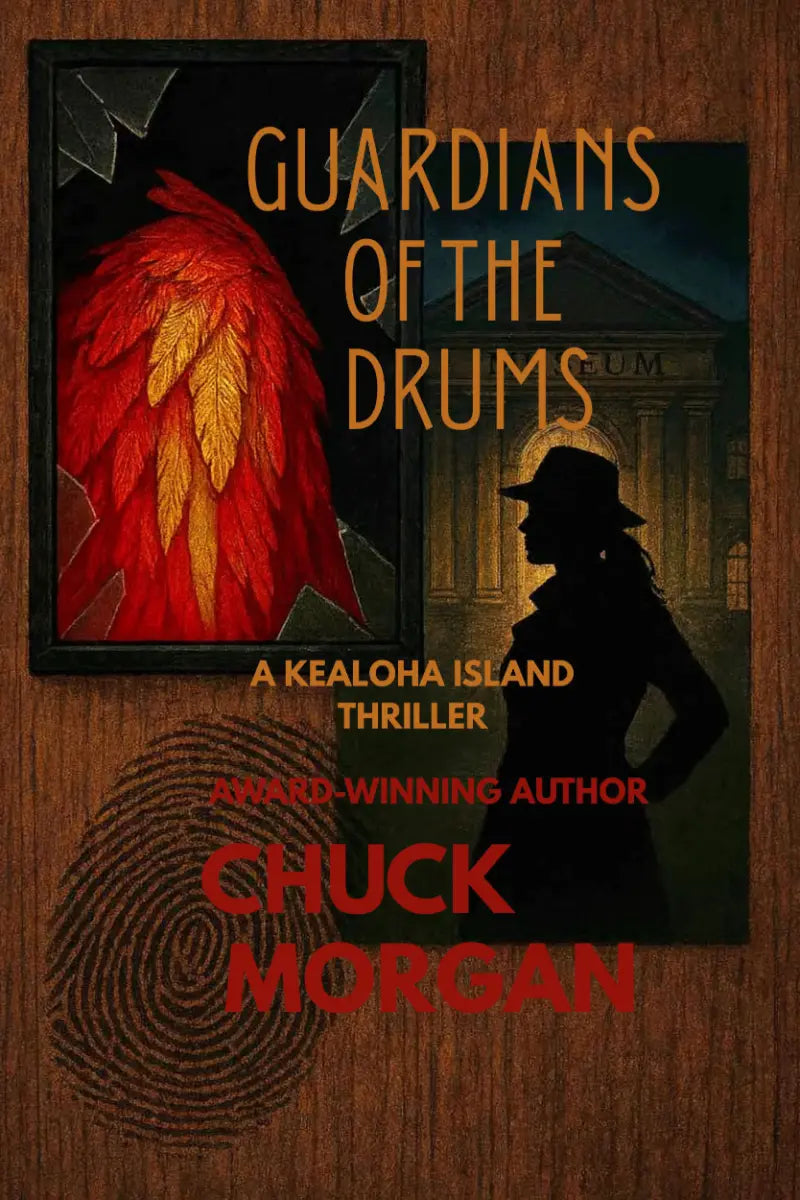 Book cover for 'Guardians of the Drums' by Chuck Morgan, featuring a wood-grain background with a red feathered frame, a black silhouette of a woman in a hat, and bold red and gold text.