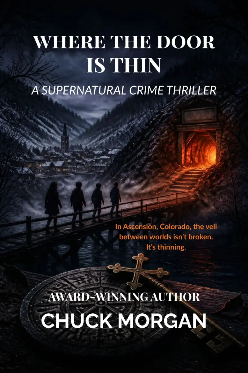 Book cover for 'Where the Door is Thin' by Chuck Morgan, featuring a dark snowy mountain village scene with four silhouetted figures walking toward a glowing fiery portal in a tunnel, plus the title and author text.