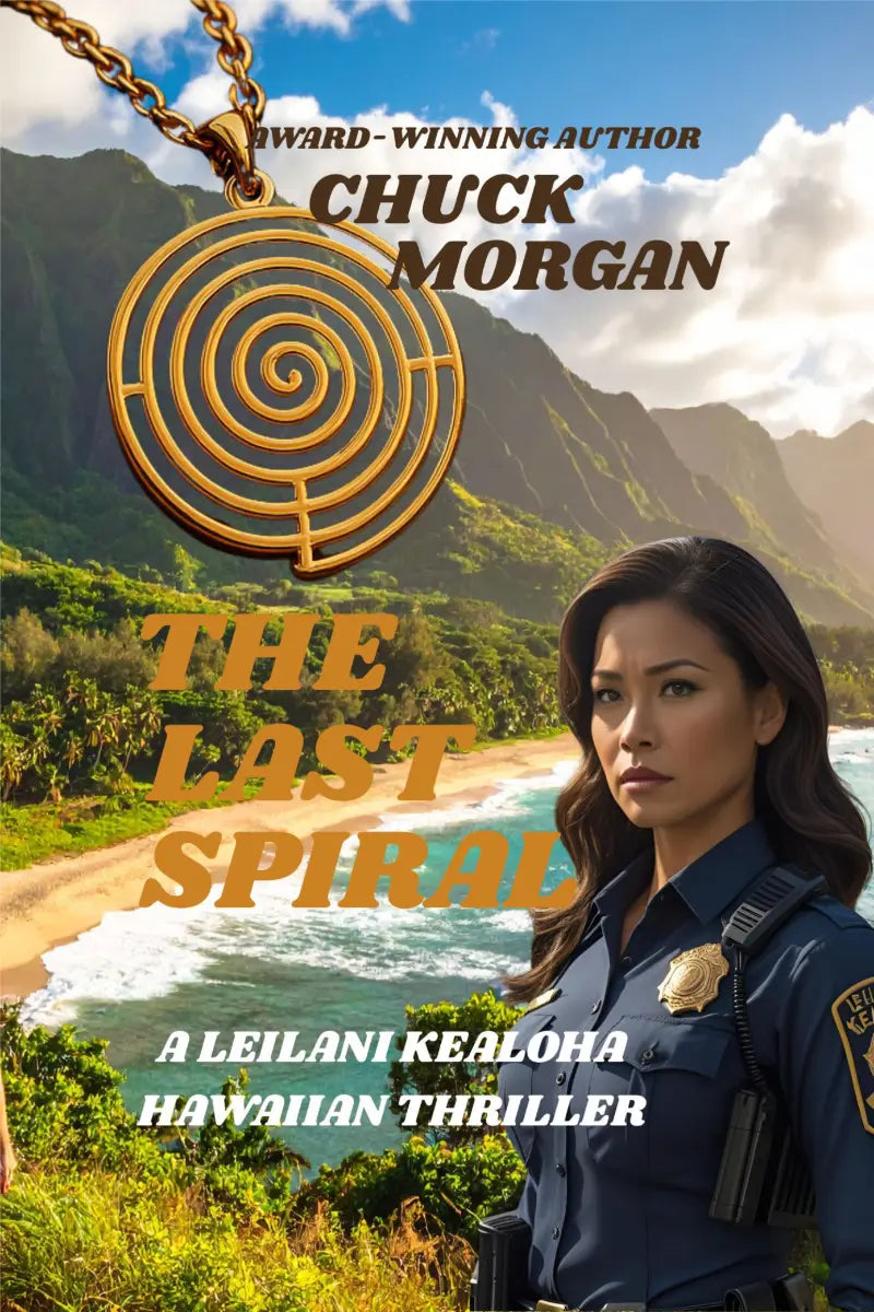 Book cover of 'The Last Spiral' featuring a gold spiral pendant and a police officer on a Hawaiian island.