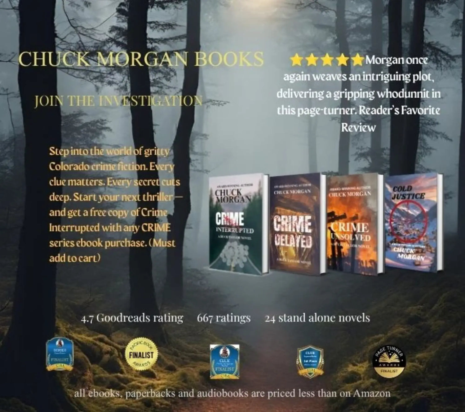 Promotional graphic for Chuck Morgan books featuring a misty forest background, gold headline text, review stars, book cover thumbnails for several titles, and award badges at the bottom.